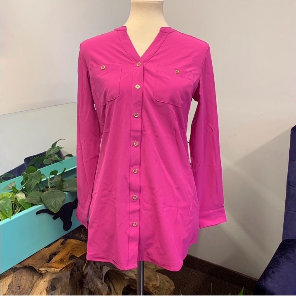 Denim & Co. Roll Tab Sleeve Button Front Soft Utility Tunic